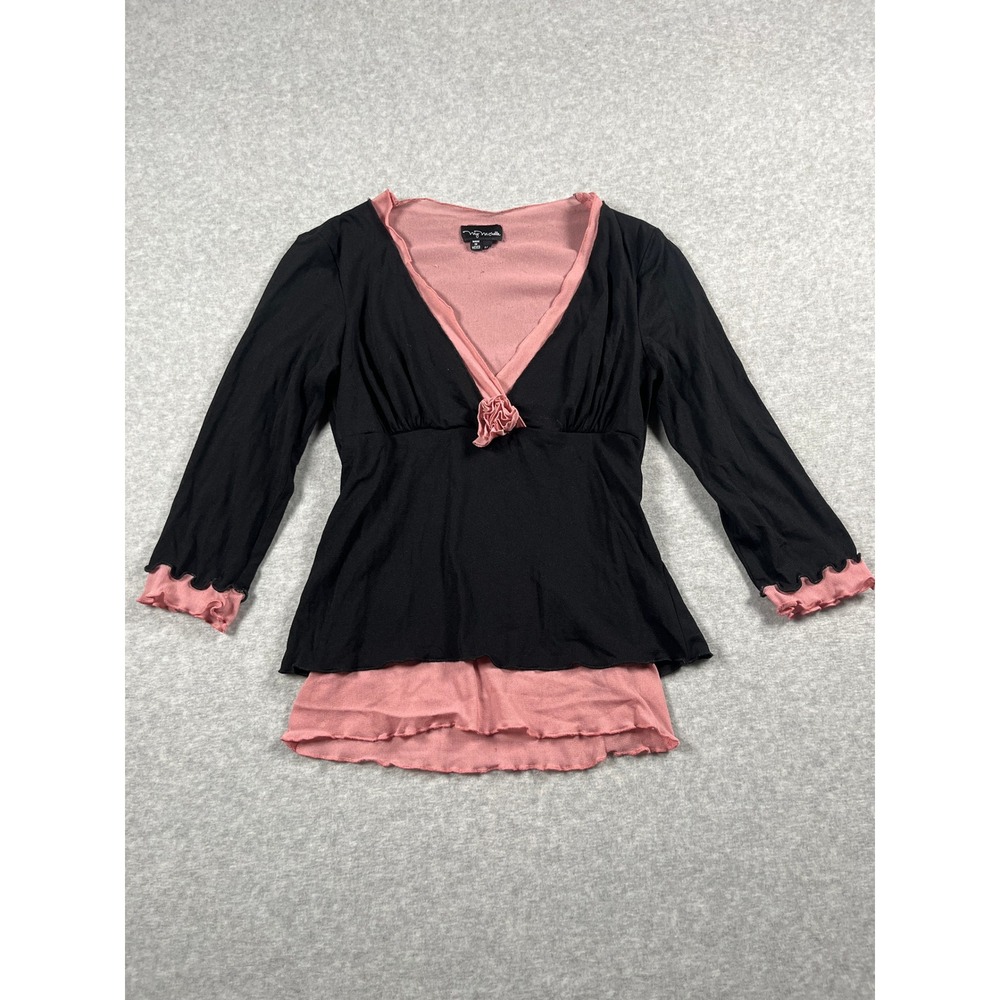 VTG Y2K Babydoll Top Women M Black Pink Coquette Feminine Romantic Dainty